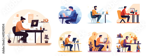 Person in front of computer working character illustration