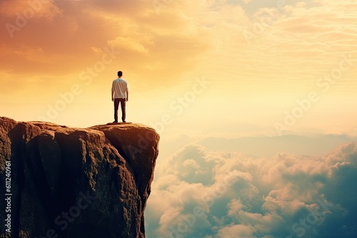 Silhouette of man standing on the edge of a cliff and looking at sunrise