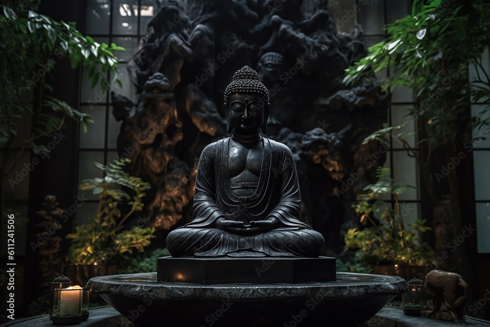 Buddha statue meditating on black background. Soft focus. Close-up,Generative AI Buddha statue meditating on black background. Soft focus. Close-up,Generative AI