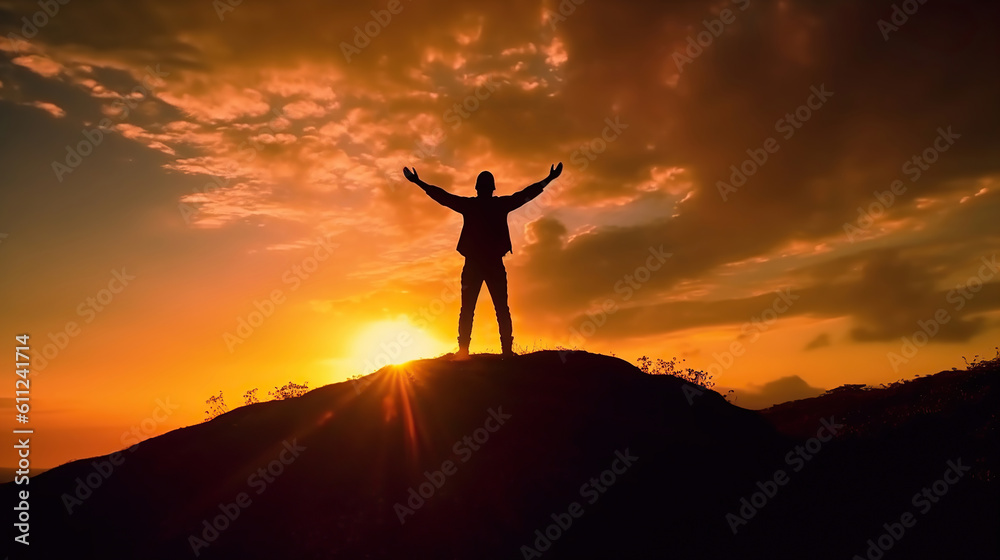 Silhouette of Man Celebration Success Happiness on a mountain top Evening Sky Sunset Background. Generative Ai