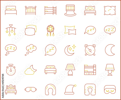 Simple Set of sleep Related Vector Line Icons. Vector collection of insomnia, bed, time, zzz, moon, cloud alarm clock, pillows and design elements symbols or logo element.