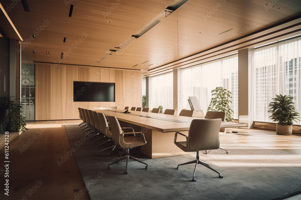 Fototapeta premium an office with wood desks and glass walls, in the style of high detailed, grey academia, wood, photo-realistic landscapes, vintage minimalism, light silver and light brown
