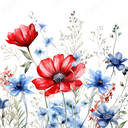 4th of July Wildflower Sublimation, 4th of July Watercolor Clipart. Red, Blue and White Watercolor Wildflowers, Watercolor Patriotic Clipart