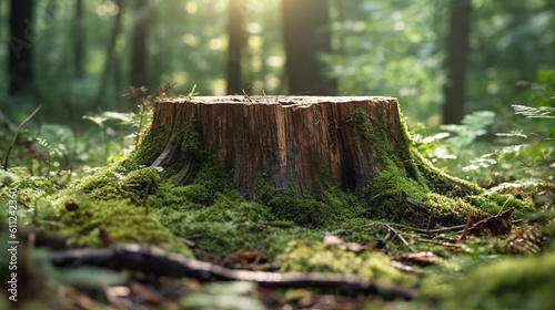 a tree stump in the middle of a forest. Generative Ai