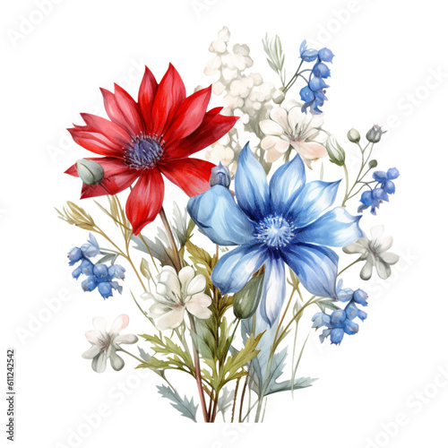 4th of July Wildflower Sublimation, 4th of July Watercolor Clipart. Red, Blue and White Watercolor Wildflowers, Watercolor Patriotic Clipart © TasaDigital