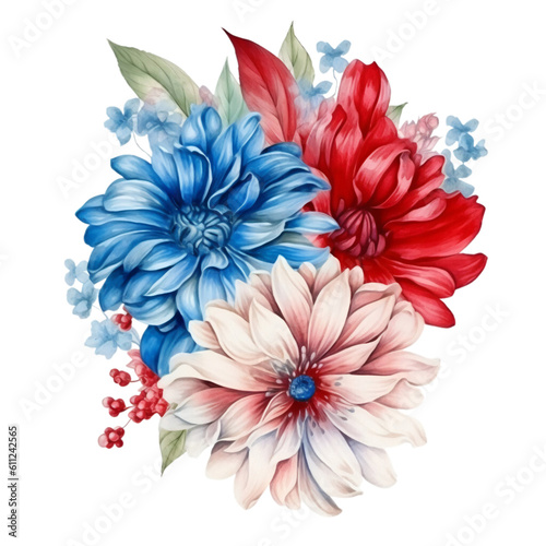 4th of July Flowers Sublimation, 4th of July Watercolor Clipart. Red, Blue and White Watercolor Flowers, Watercolor Patriotic Clipart © TasaDigital