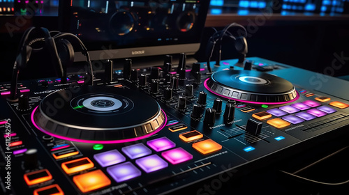 dj controller with headphones on top of it. Generative Ai
