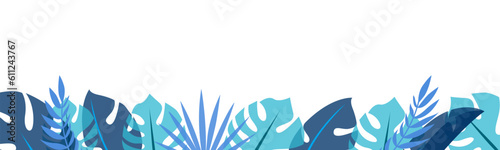 Narrow horizontal banner with empty space for text. Summer design template with tropical leaves