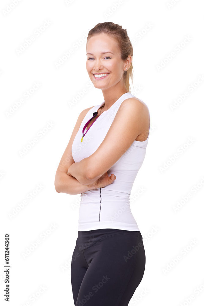 Fitness, arms crossed and portrait of woman isolated on transparent background for exercise, workout and weight loss. Smile of strong female person on png for pride, wellness and healthy body Fitness, arms crossed and portrait of woman isolated on transparent background for exercise, workout and weight loss. Smile of strong female person on png for pride, wellness and healthy body