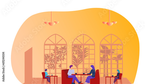 People eating in cafe. Cartoon characters sitting at cafe tables and having tea. Vector illustration for cafe or restaurant interior concept