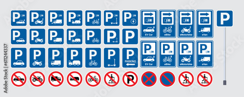 Vector sets of parking bays and no parking sign board guidance. Letter P parking symbol sign for car, vehicle, motorbike, bicycle, scooter and truck. No Parking Allowed, Do Not Park Car. Vector. photo