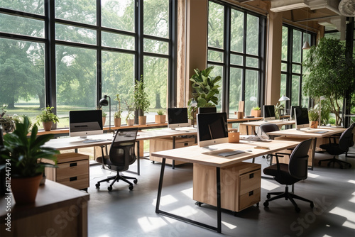  an office with wood desks and glass walls  in the style of high detailed  grey academia  wood  photo-realistic landscapes  vintage minimalism  light silver and light brown