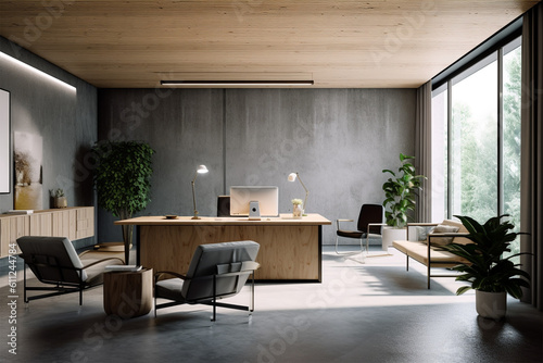  an office with wood desks and glass walls, in the style of high detailed, grey academia, wood, photo-realistic landscapes, vintage minimalism, light silver and light brown