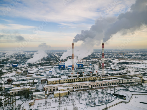 Industrial factory emission smoke from natural gas in atmosphere. Aerial view