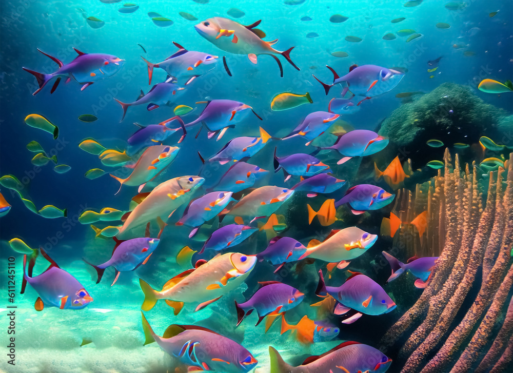 deep below a colorful school of fish swims. Generative AI