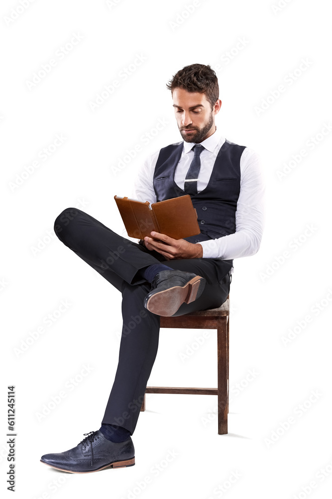Isolated business man, reading and book in chair with focus, learning and transparent png background. Young businessman, learning and information for education, mindset and relax with literature Isolated business man, reading and book in chair with focus, learning and transparent png background. Young businessman, learning and information for education, mindset and relax with literature
