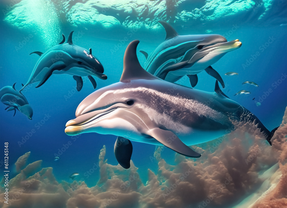 dolphin family underwater on reef close up look. Generative AI dolphin family underwater on reef close up look. Generative AI