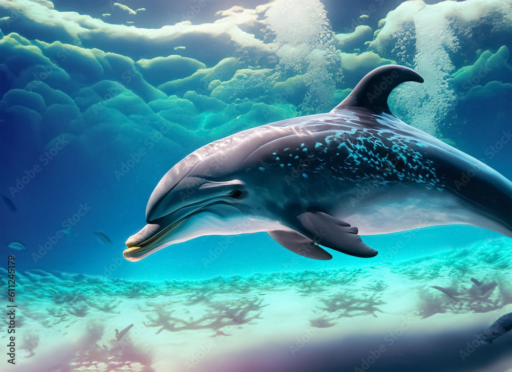 Obraz premium dolphin underwater on reef close coming to. Generative AI