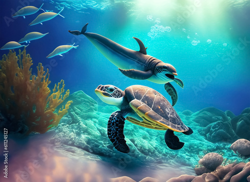dolphin and turtle underwater. Generative AI