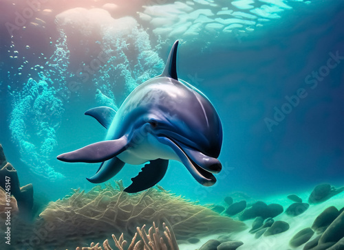 dolphin underwater on reef close coming to you. Generative AI