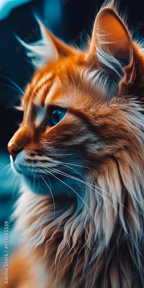 Vertical wallpaper mobile with orange long haired cat , Smartphone wallpapers , Created with generative AI