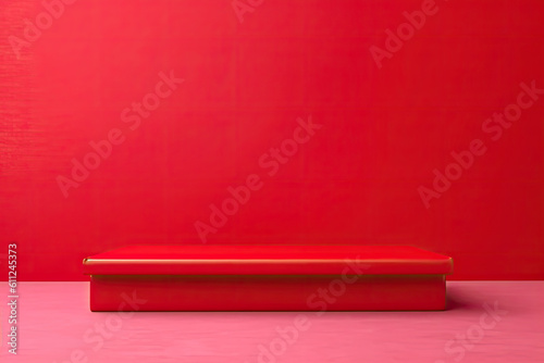 Empty vivid red color studio table room background ,product display with copy space for display of content design.Banner for advertise product on website, Generative AI © Sasint