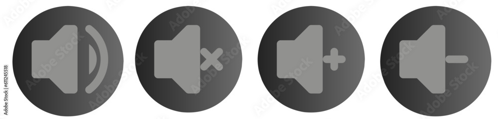 monochrome Speaker icon set, set of megaphone, add volume, lower volume and silent icon monochrome Speaker icon set, set of megaphone, add volume, lower volume and silent icon