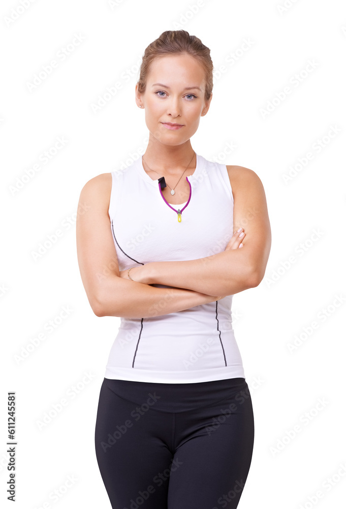 Woman, fitness and portrait with arms crossed and isolated on a transparent, png background. Workout, exercise and proud confidence from health, wellness and serious female person in sports clothes Woman, fitness and portrait with arms crossed and isolated on a transparent, png background. Workout, exercise and proud confidence from health, wellness and serious female person in sports clothes