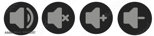 monochrome Speaker icon set, set of megaphone, add volume, lower volume and silent icon