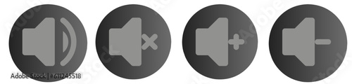 monochrome Speaker icon set, set of megaphone, add volume, lower volume and silent icon