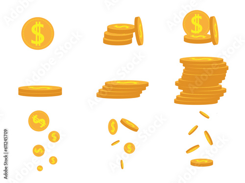vector asset gold coins of various styles, in, economy, money.