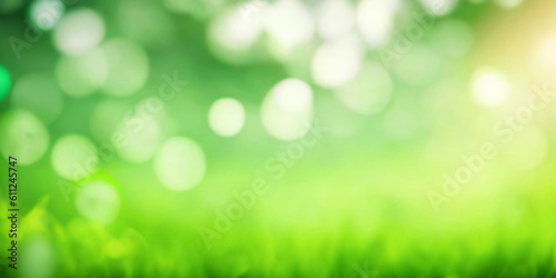 Fresh green background with abstract blurred grass, bright summer sunlight and bokeh lights. Spring or summer healthy nature bio backdrop