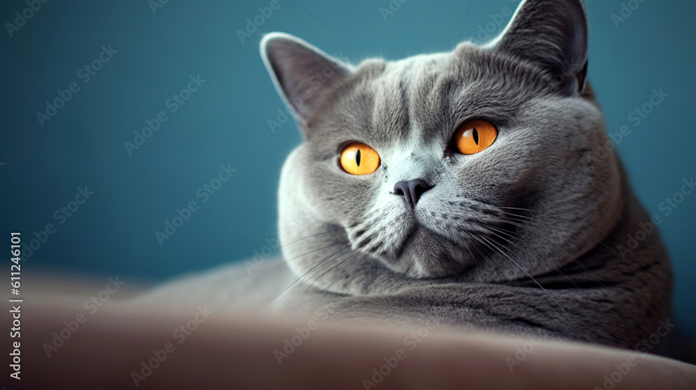 Portrait of a British short-haired cat on a dark background, pets