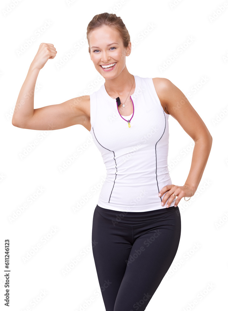 Arm flex, woman and portrait with a smile for fitness, strength and motivation. Healthy female model, wellness and strong bicep isolated on a transparent, png background with confidence and exercise Arm flex, woman and portrait with a smile for fitness, strength and motivation. Healthy female model, wellness and strong bicep isolated on a transparent, png background with confidence and exercise