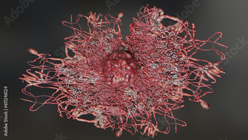 Cancer cell growth uncontrollably over tissue, Tumor infection cells and spreading, Invasive inflammation and metastasis cancerous. reproduce by duplicating, cells expanding, Disease, 3d render photo