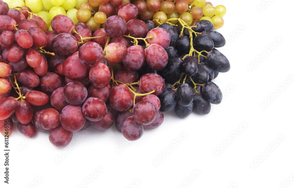 Assortment of grapes isolated on white background with copy space foe text.