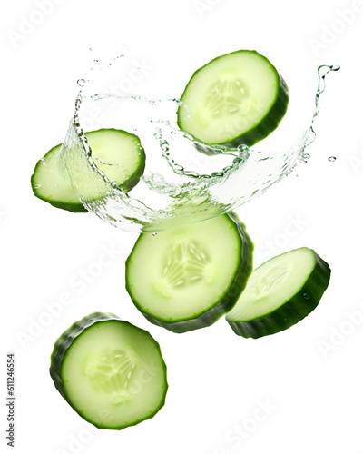 Falling cucumber slices isolated on transparent or white background, png