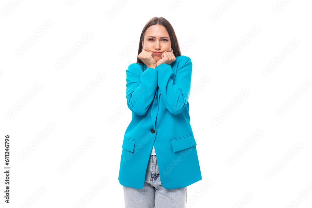 young emotional brunette secretary woman in blue jacket worries worries on white background with copy space young emotional brunette secretary woman in blue jacket worries worries on white background with copy space