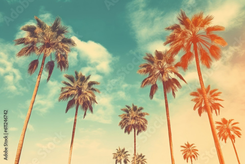 Palm trees against blue sky, Palm trees at tropical coast, vintage toned and stylized, coconut tree,summer tree ,retro, Generative AI
