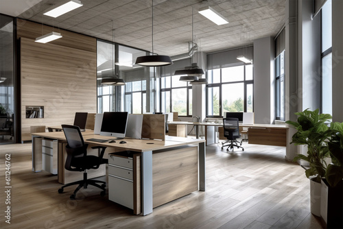  an office with wood desks and glass walls, in the style of high detailed, grey academia, wood, photo-realistic landscapes, vintage minimalism, light silver and light brown © Miracle