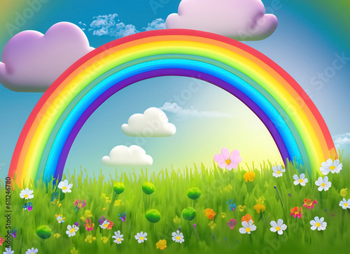 Nature and rainbow for international childrens day Flowers green grass rainbow clouds. Generative AI