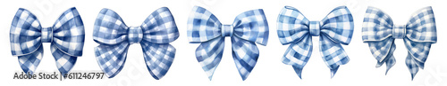 Collection of blue bows on white background with watercolor effect. Generative AI