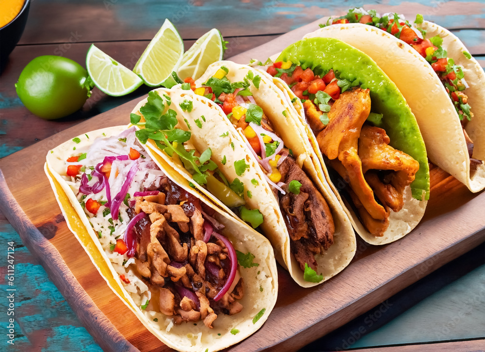 mexican street tacos with fish barbacoa and carnitas shot in panoramic composition. Generative AI mexican street tacos with fish barbacoa and carnitas shot in panoramic composition. Generative AI