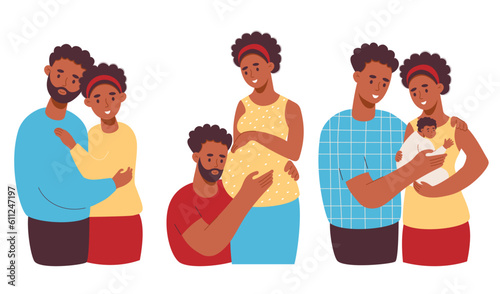 Set Happy black family. Cute ethnic couple with pregnant woman and pair with newborn baby. Isolate vector illustrations in cartoon flat style. Pregnancy motherhood, parenthood concept