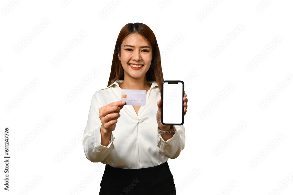 Beautiful woman holding credit card and showing smartphone with blank screen isolated on white background Beautiful woman holding credit card and showing smartphone with blank screen isolated on white background