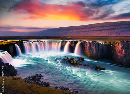 Summer morning scene on the Godafoss Waterfall Colorful sunset. Nature view. Generative AI