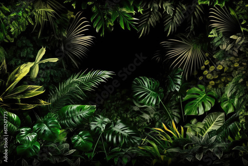 Tropical rainforest foliage plants bushes  ferns  palm  philodendrons  and tropic plants leaves  in tropical garden on black background  green  Generative AI