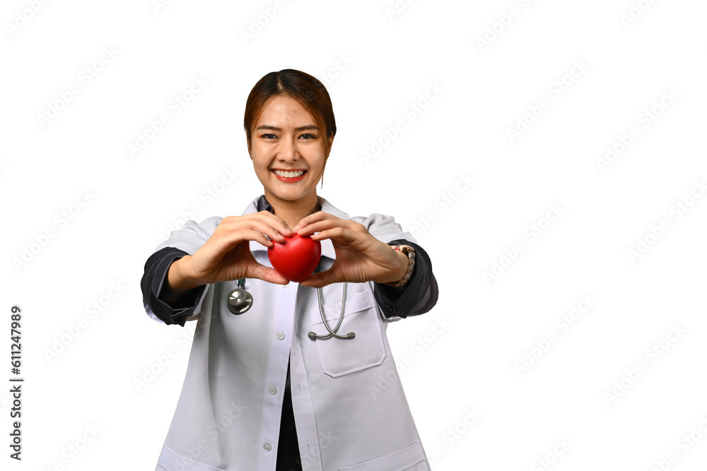 Portrait of female doctor cardiologist holding red heart isolated on white background. Cardiology, medical and healthcare concept Portrait of female doctor cardiologist holding red heart isolated on white background. Cardiology, medical and healthcare concept