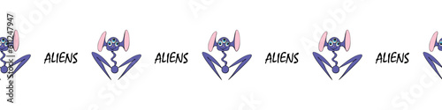 Edging, ribbon, border of funny three-eyed Aliens in doodle flat style. Humanoids, visitors, Martians. Decorative element, decoration on theme of space, UFO, fantastic, kids design
