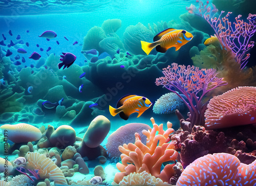 underwater world with fish and corals. Generative AI